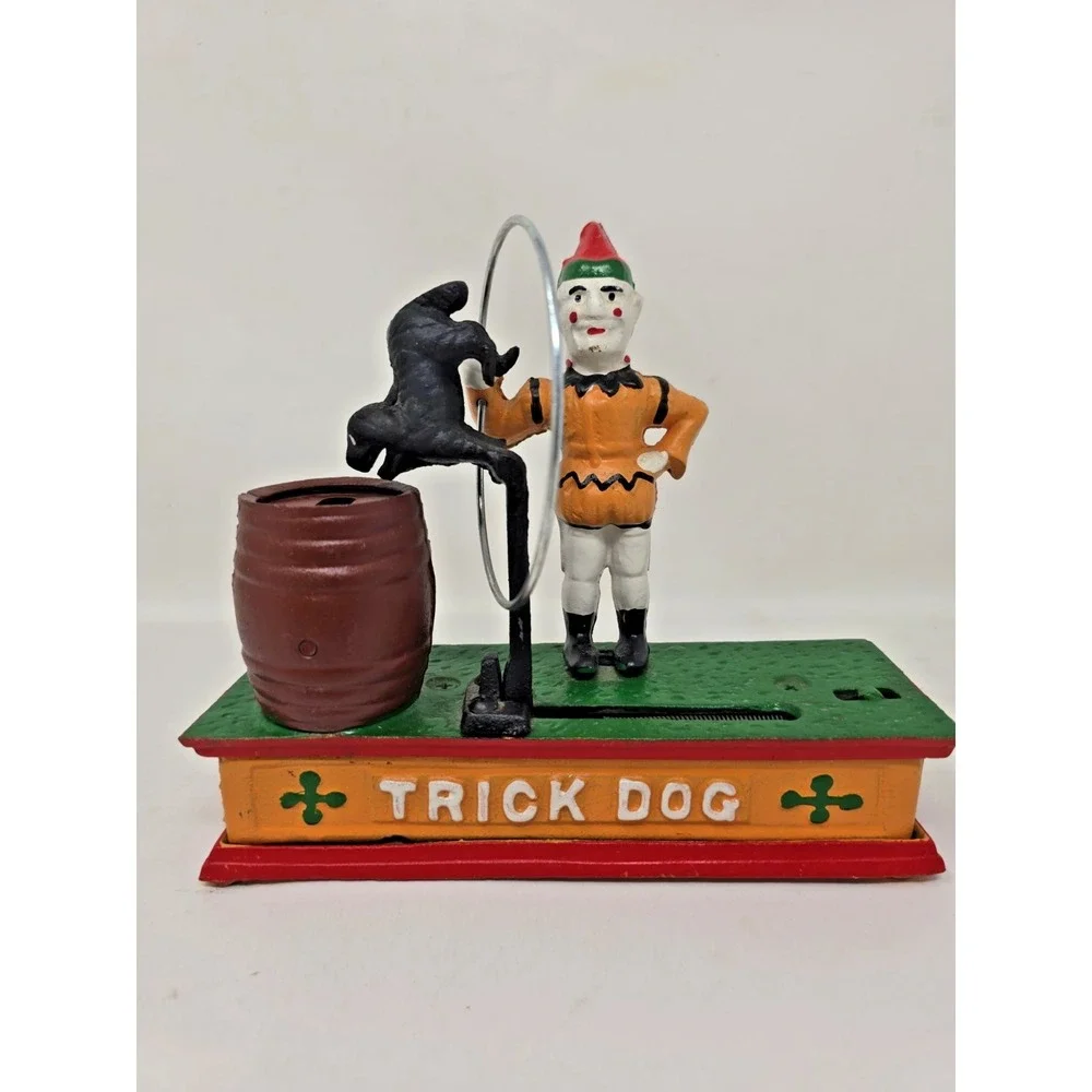 Vintage Reproduction Cast Iron Trick Dog Bank Circus Mechanical Works U114